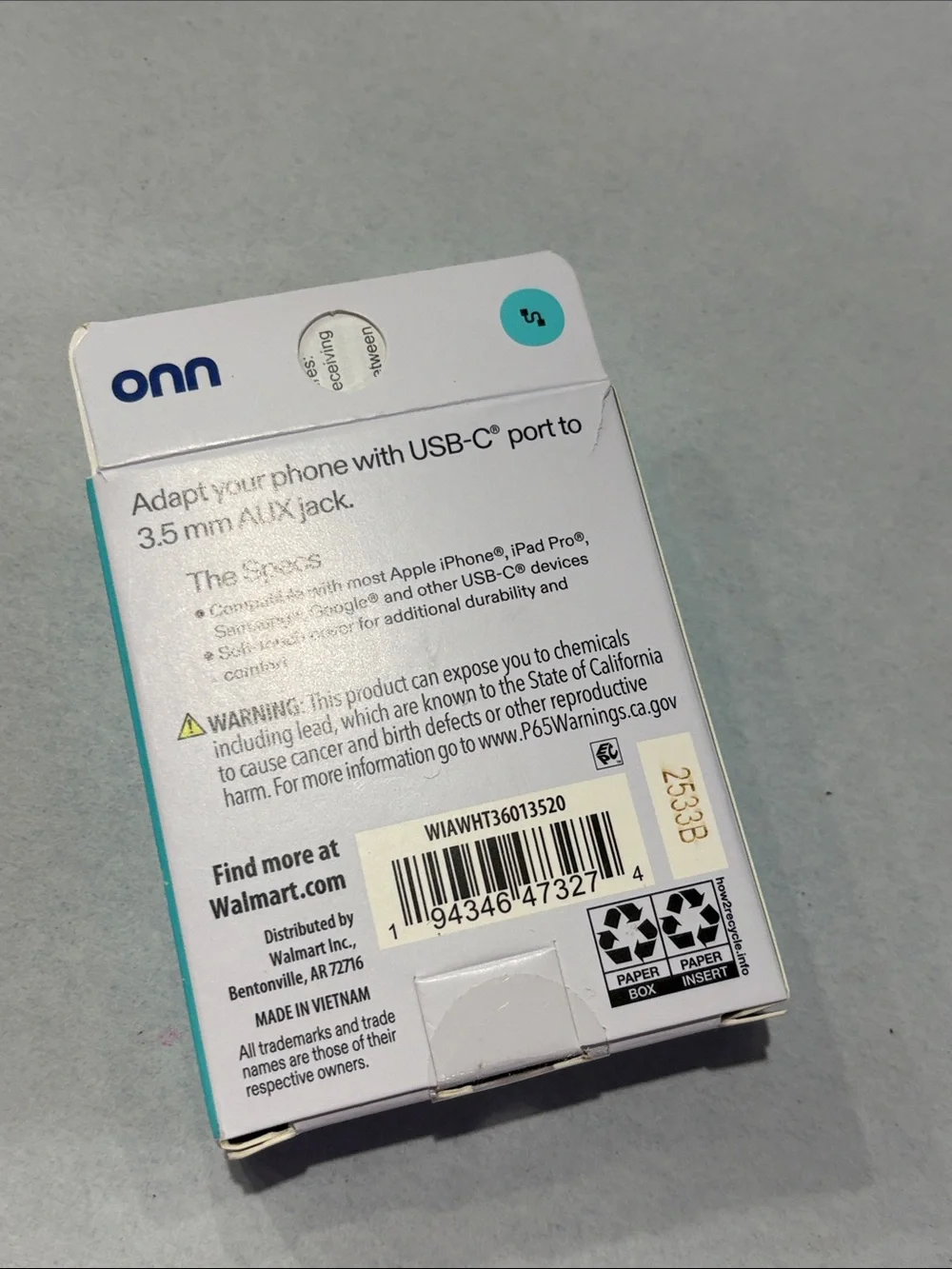 Onn USB-C to 3.5mm AUX Adapter - White new sealed